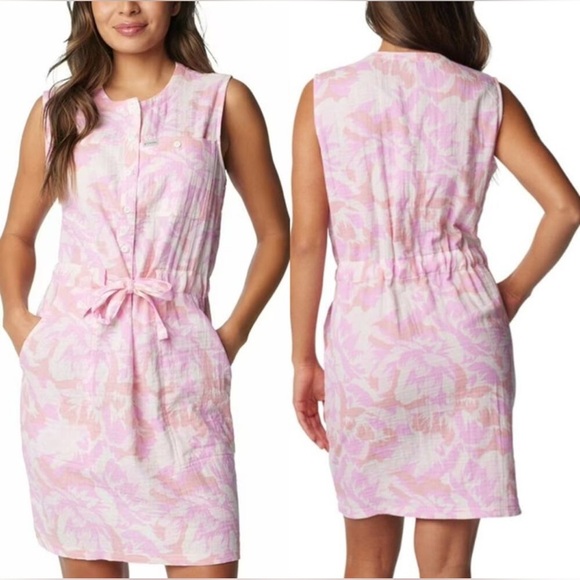 Columbia Holly Hideaway dress women's L Pink  floral Breezy Belt Spring New - Picture 1 of 14